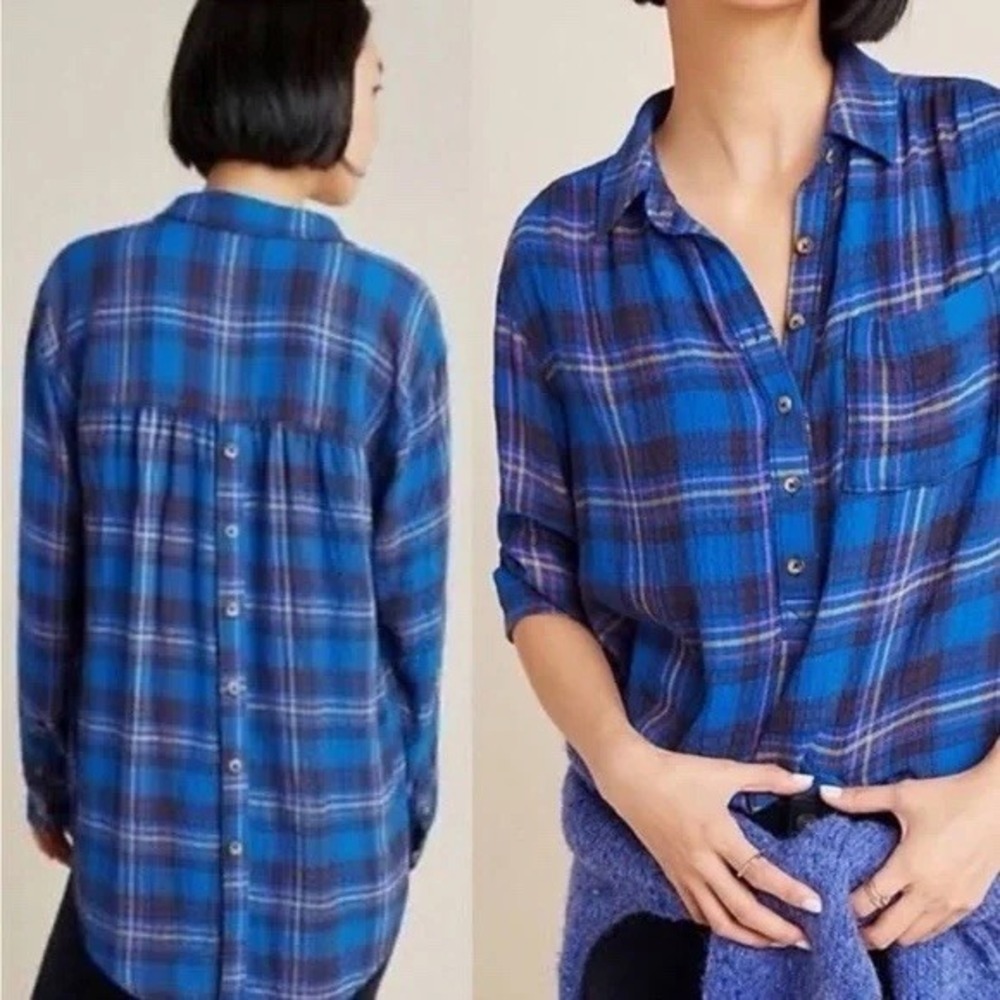 Anthropologie Soft Plaid Back Button Down Blue Blouse Multiple‎ Size M